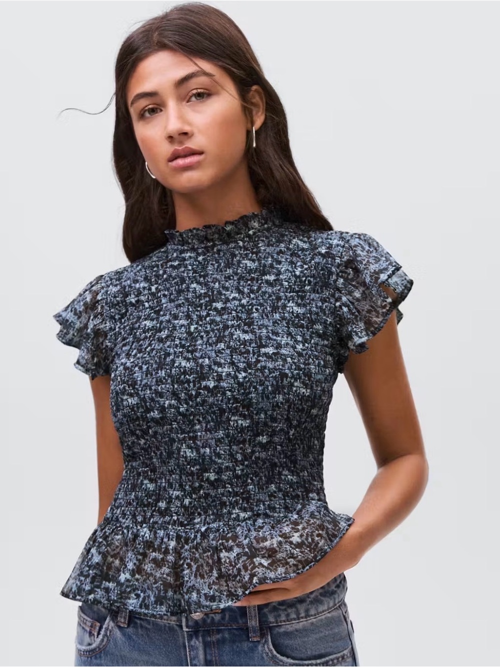 Mango Navy Blue Smocked Short Sleeve Ruffle Top
